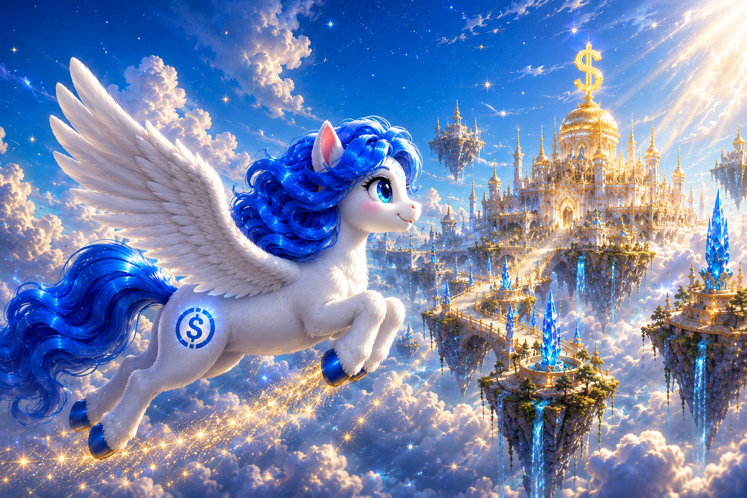 The winged horse soaring toward the golden dollar palace